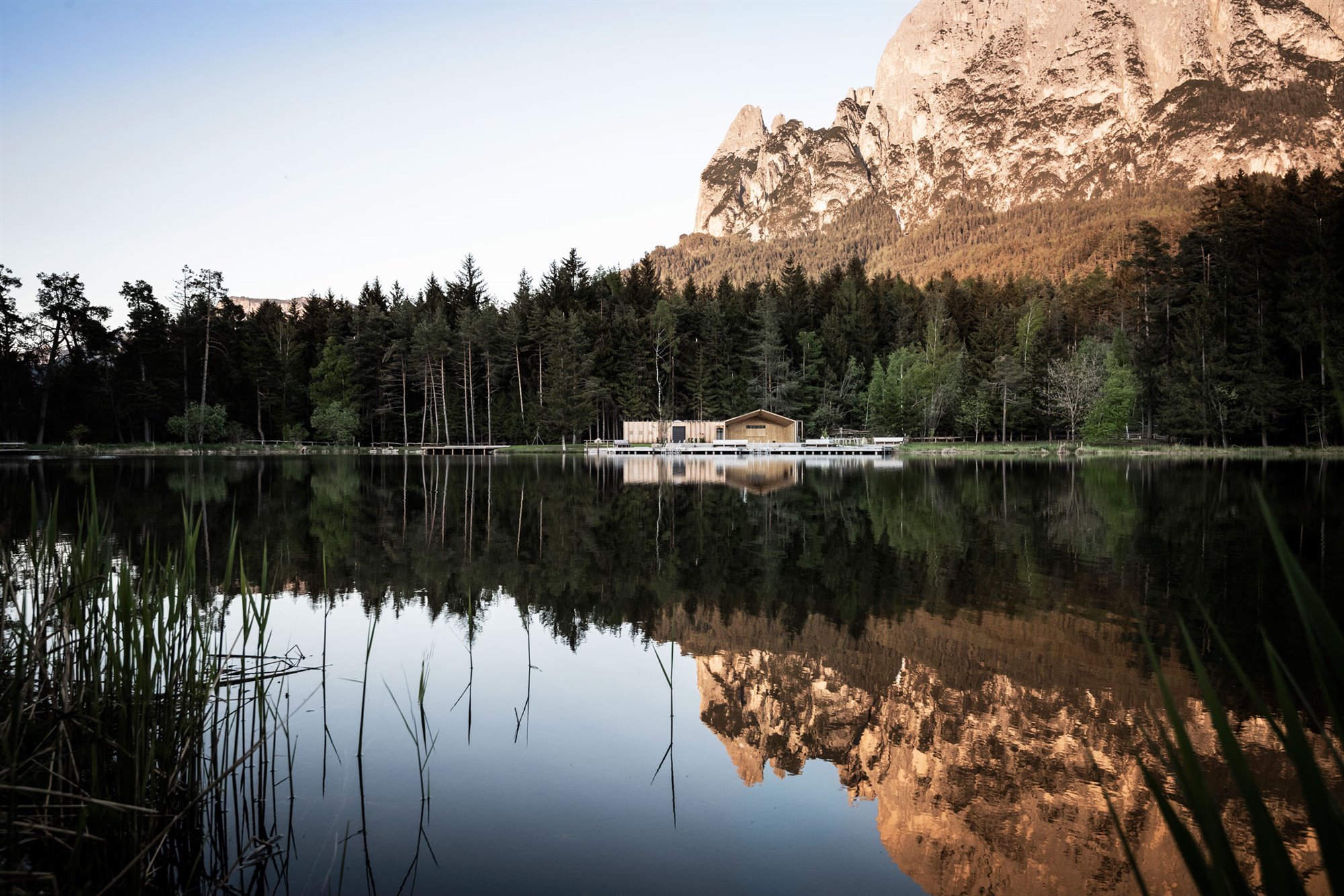 Una moderna cabaña de madera en un bosque del Tirol