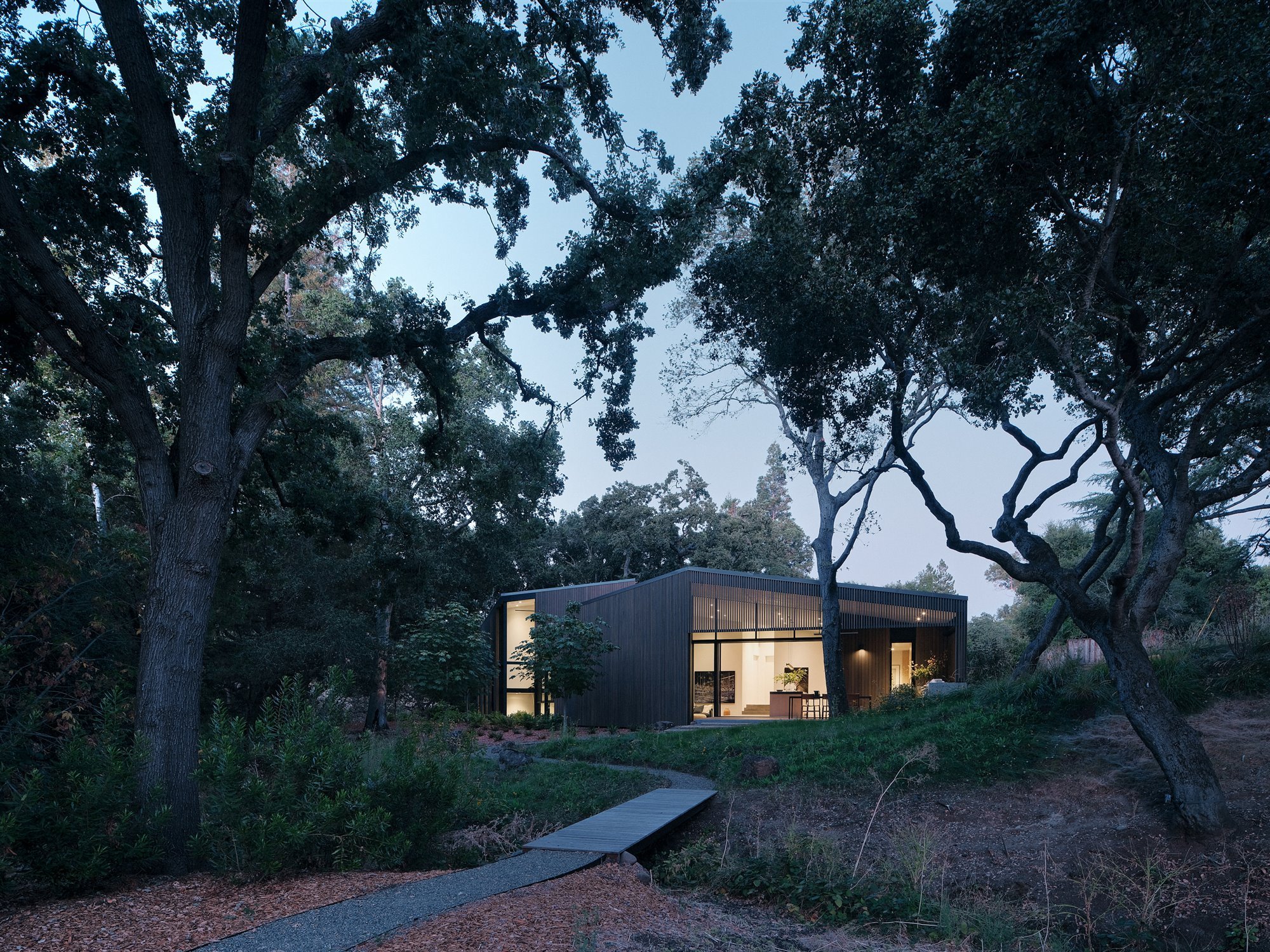 Una casa en el bosque con materiales naturales integrada en el paisaje