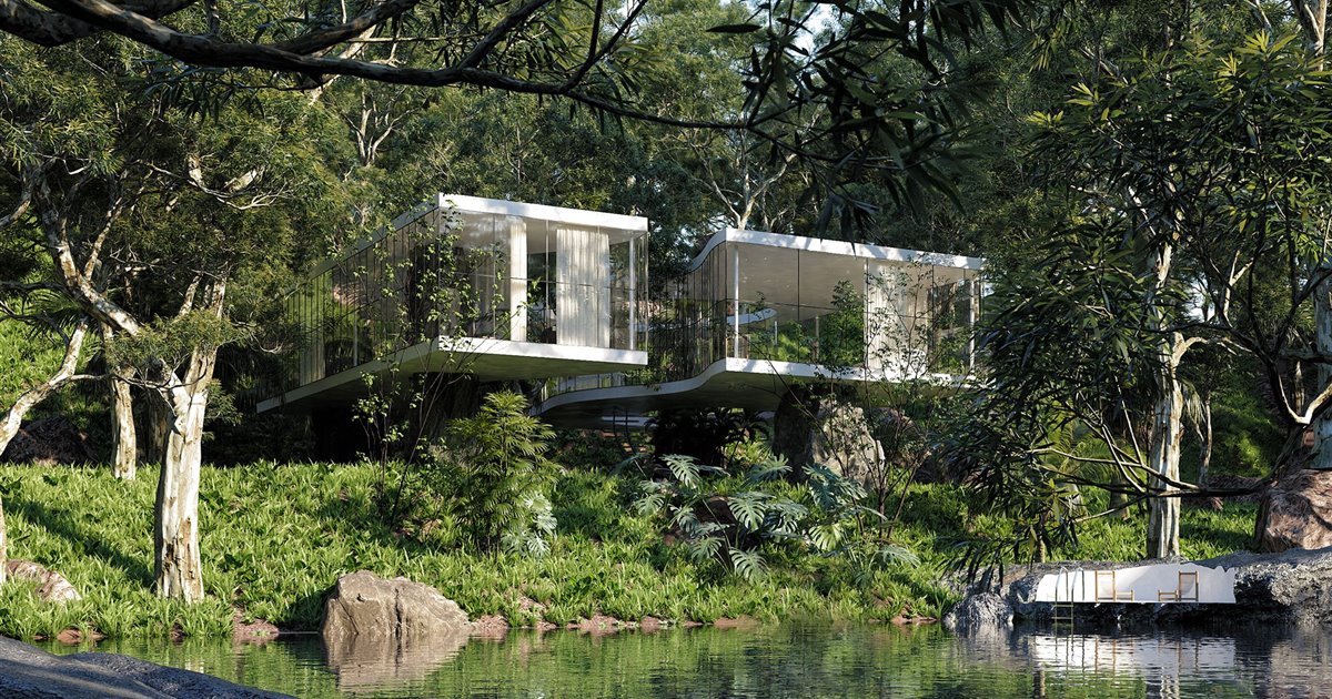 Una casa moderna en 3d en la selva brasileña con paredes de cristal