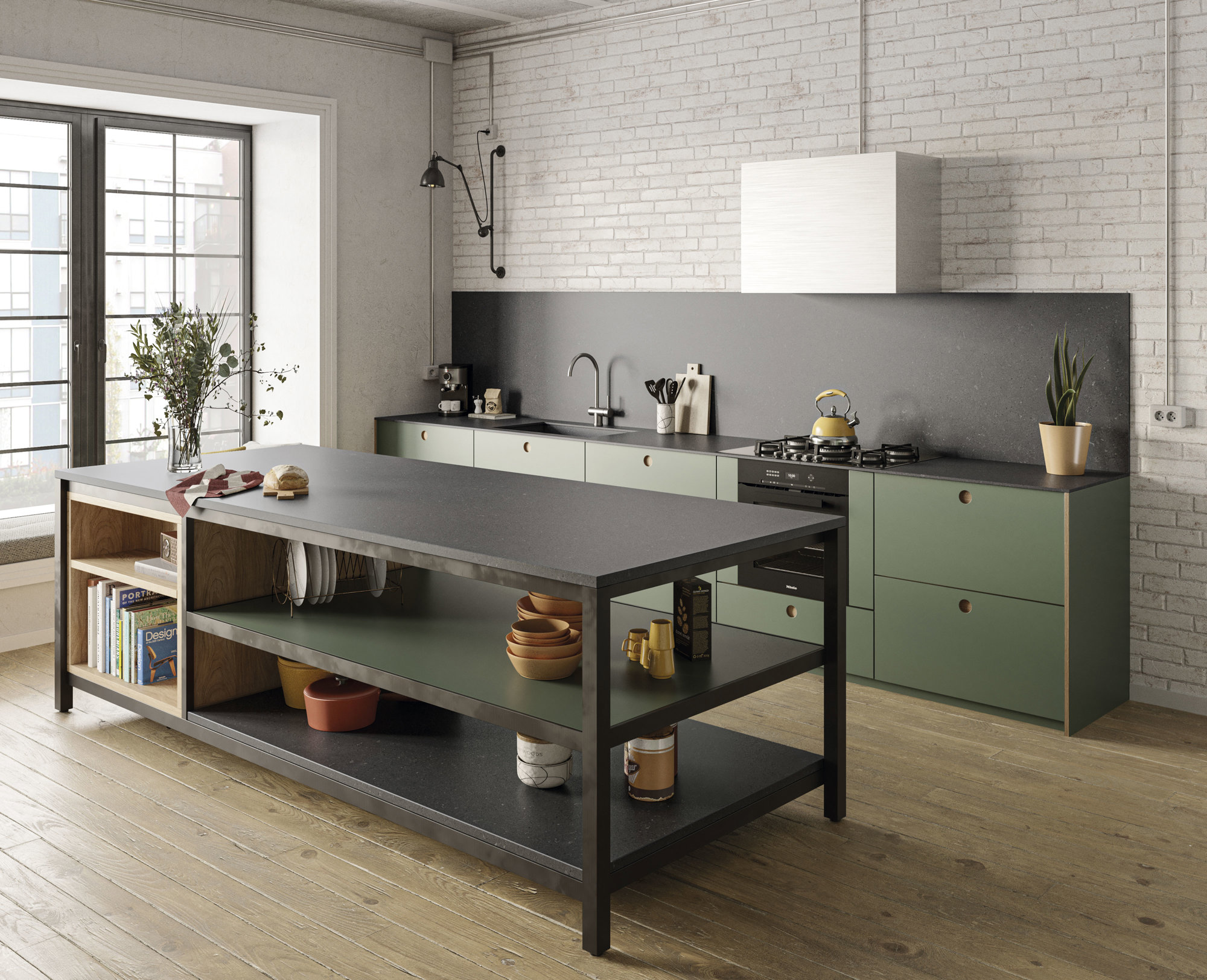 muebles de cocina a medida con península gris y tirador integrado